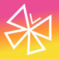 Transform logo - four white triangles with the points meeting in the middle with a v shape in between the top triangles. The background is bright pink, orange and yellow.