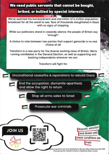 Leaflet stating Transform support for a ceasefire in Gaza