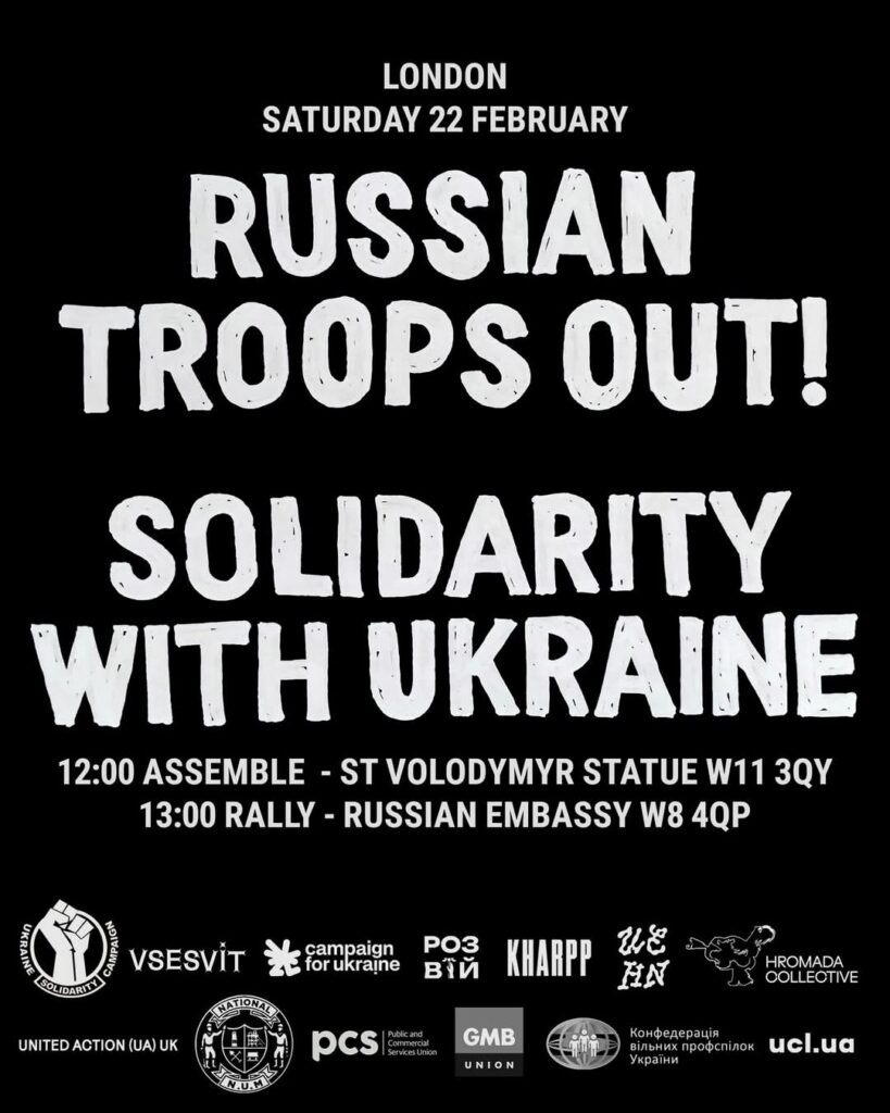 Poster of a Solidarity with Ukraine march happening 22nd February.